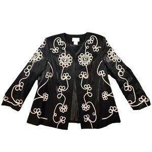 Corinthians Women's Plus 20W Black Soutache Embroidered Open Front Jacket Blazer